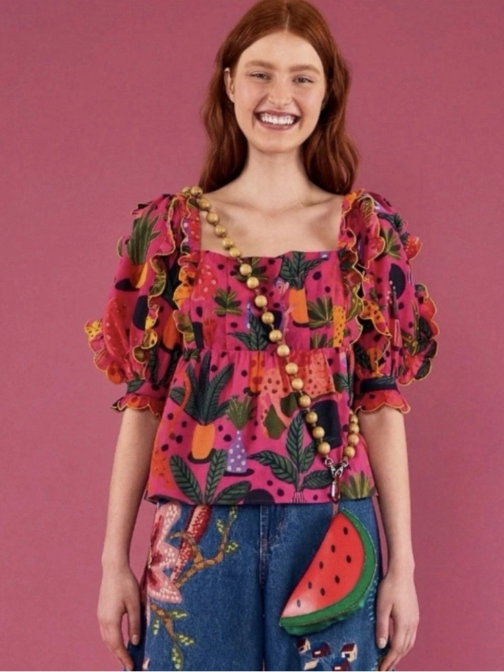 Worn Once - Farm Rio Pink Pop Leopard Blouse